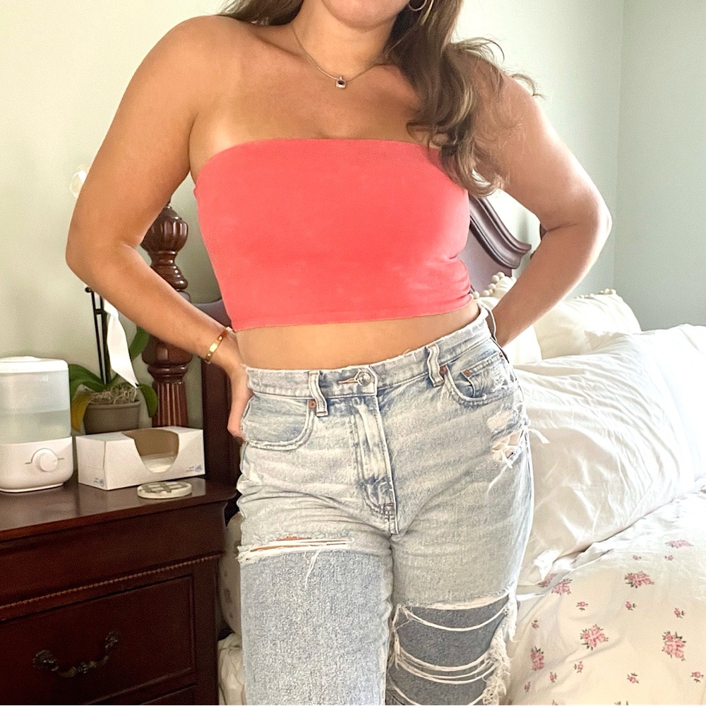 Aerie red acid wash tube top with attached cami bra